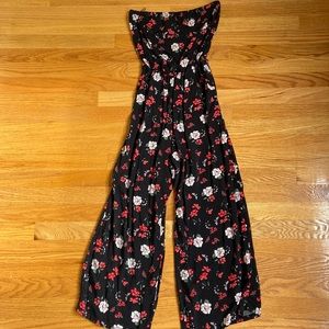 black red and pink floral hollister strapless wide leg jumpsuit/romper